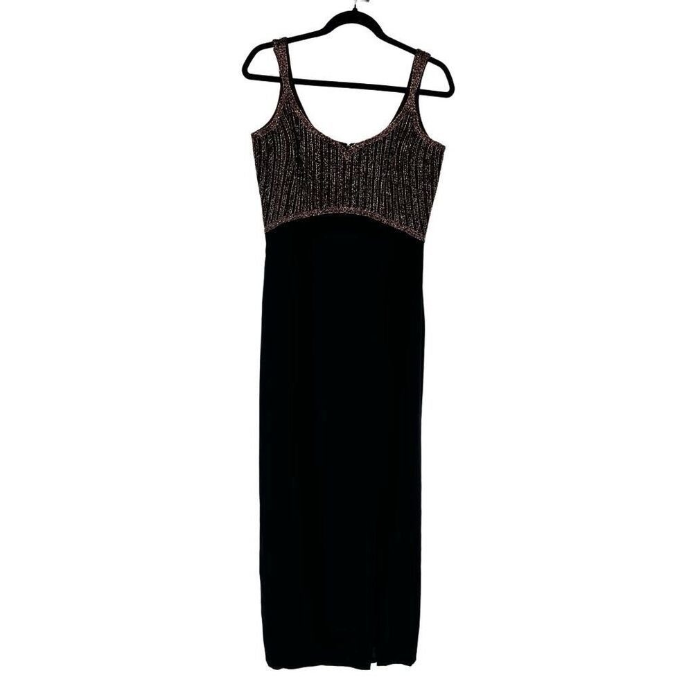 Vintage 90s BlackTie Oleg Cassini Brown Beaded Sleeveless Full Length Maxi Dress